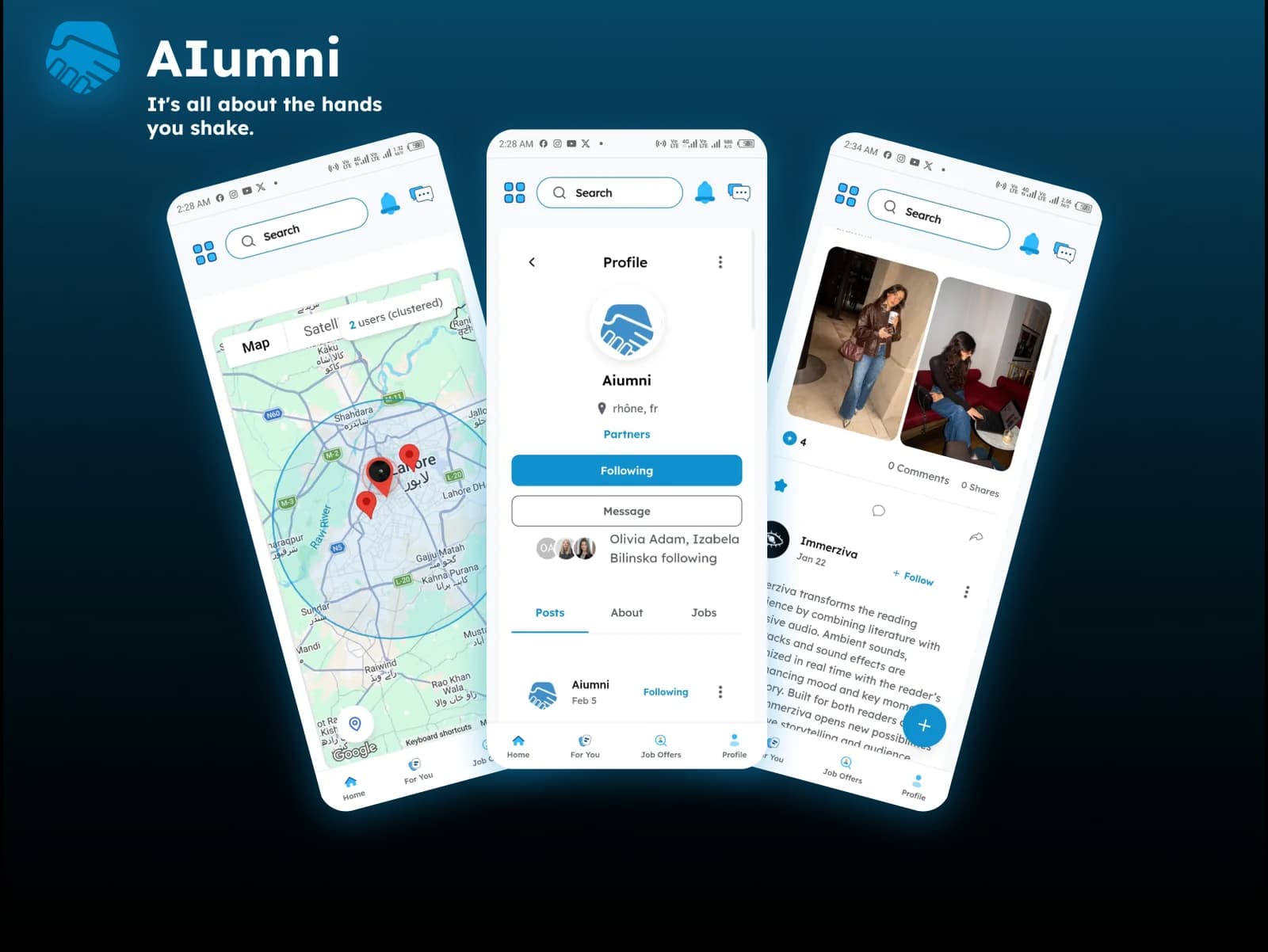 AIumni mobile app screens with map discovery and profile