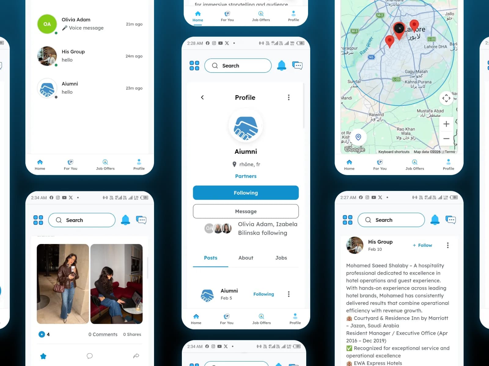 AIumni messages, profile and personalized screens