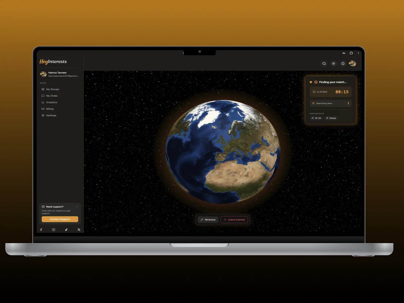 HeyInterests global matching screen